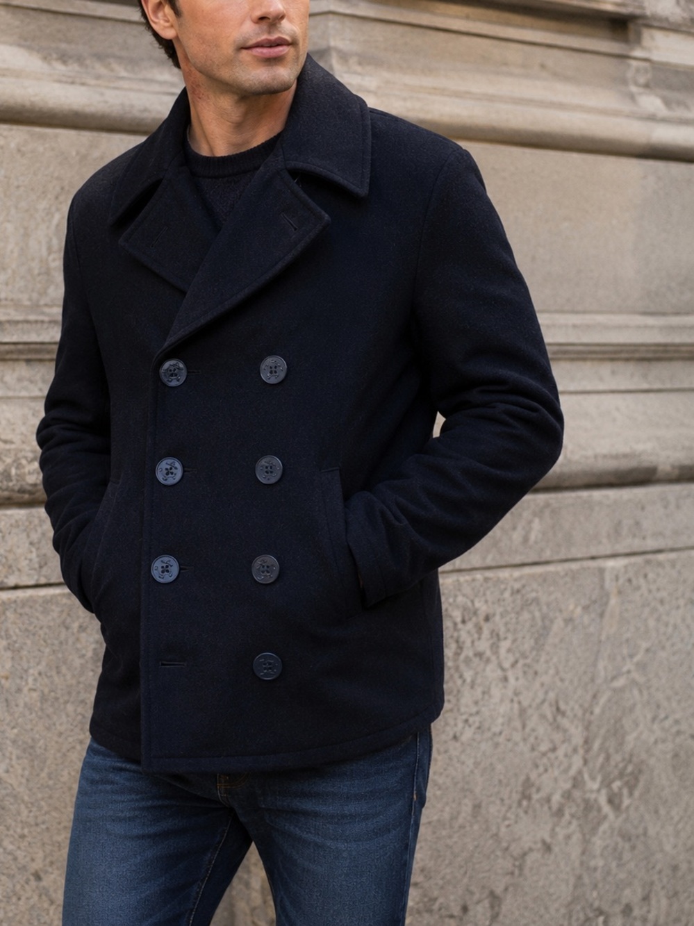 Men’s Navy Wool Pea Coat Double Breasted Military Winter Jacket Medium Classic